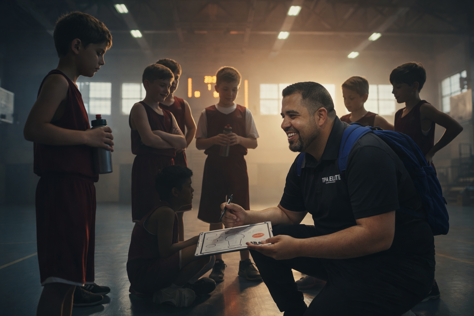 Texas Prime coach mentoring young basketball players during a practice session