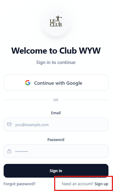 Écran de connexion — cliquer sur Sign up en bas à droite