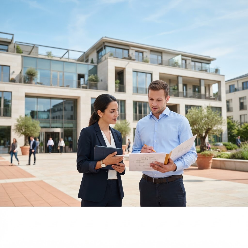 Επαγγελματίας Facility Manager και τεχνικός μηχανικός της DIRECT SERVICES αξιολογούν σύγχρονο κτίριο εξετάζοντας σχέδια σε tablet