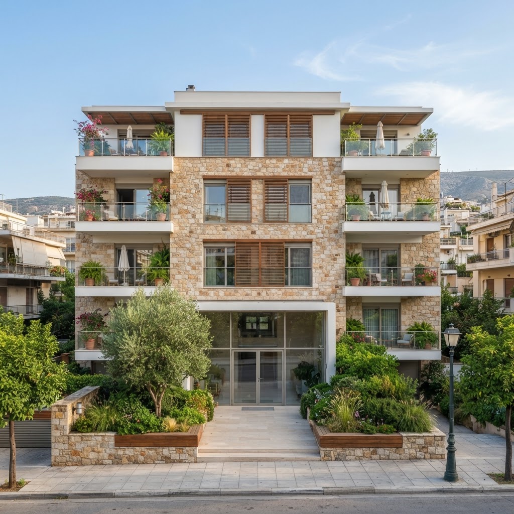 Ενδεικτική εικόνα περιποιημένης σύγχρονης πολυκατοικίας με πράσινο στον εξωτερικό χώρο