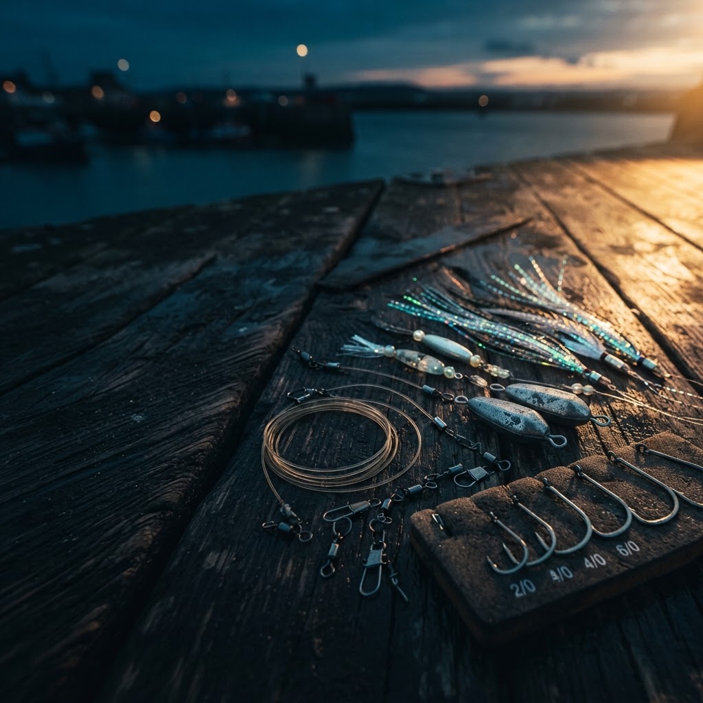 Sea fishing feather rigs, leads and terminal tackle laid out on a dark pier