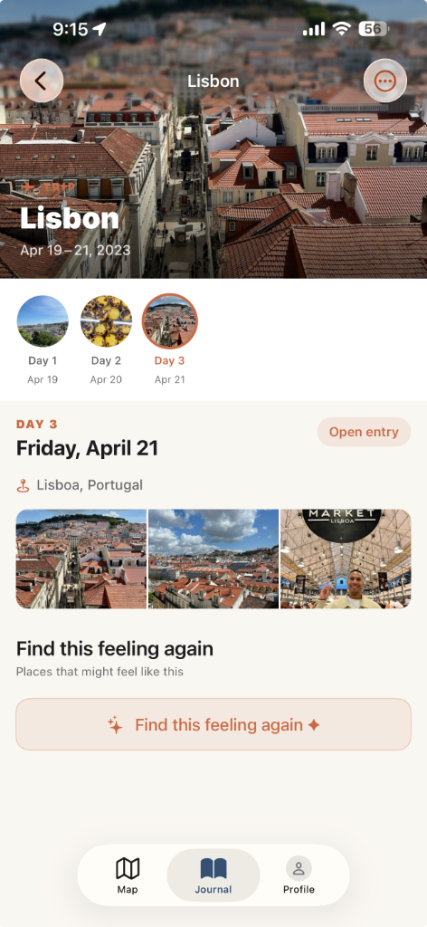 Rova Lisbon trip journal with day-by-day entries