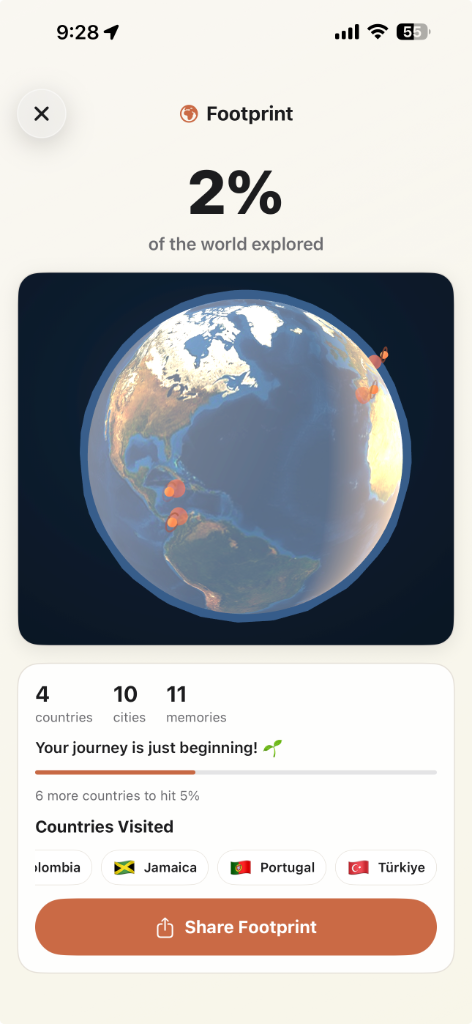 Rova Travel Footprint β 3D globe with orange pins