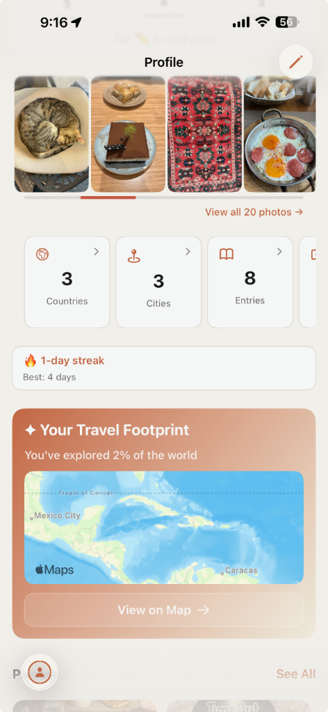 Rova profile showing Travel Footprint map and stats