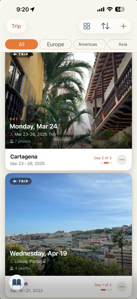 Rova app showing trip journal