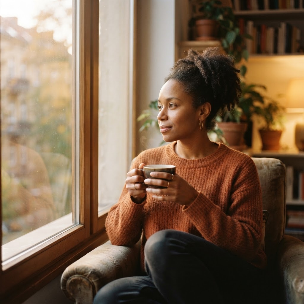 A woman reading thoughtfully