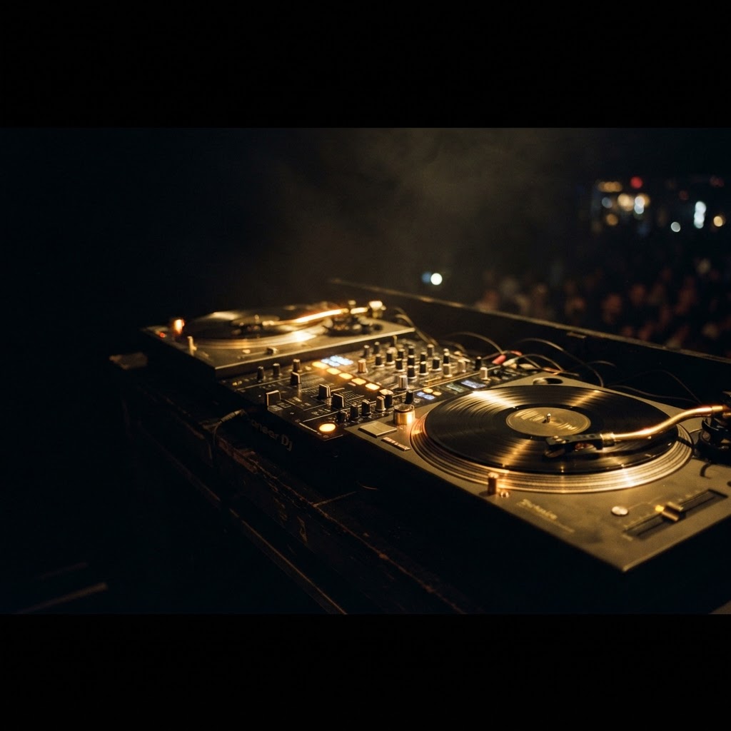 Gold-lit turntables and mixing console