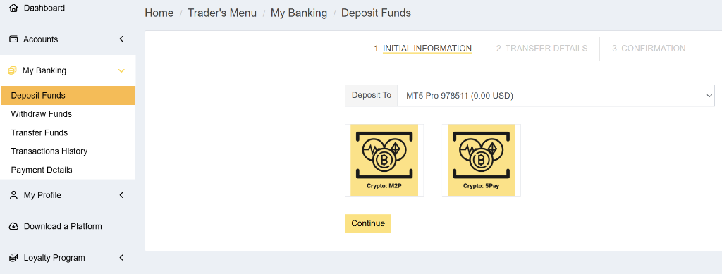 Monaxa Deposit Funds screen showing M2P and 5Pay crypto options