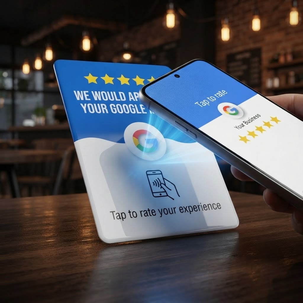 NFC Google Review Card being tapped by a smartphone