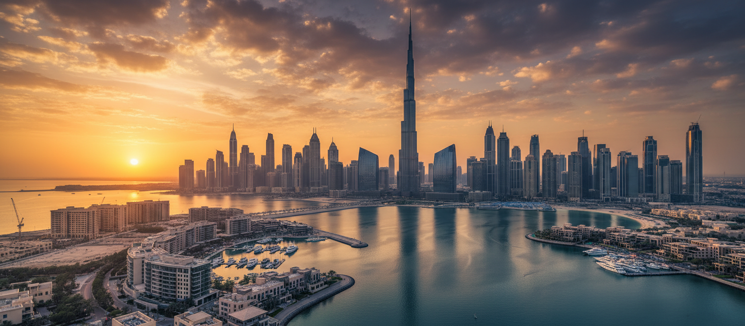 Dubai skyline at golden hour