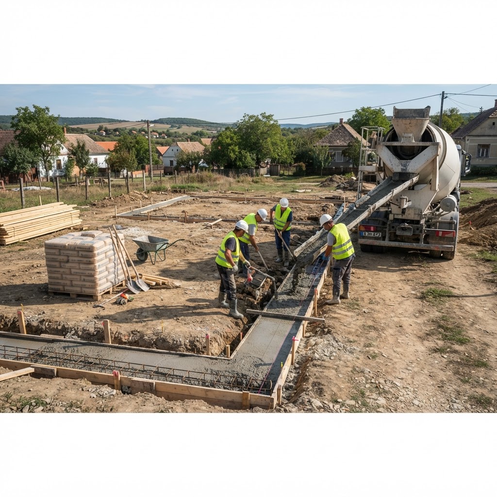 Frissen betonozott sávalap egy családi ház építésénél, cementes zsákokkal