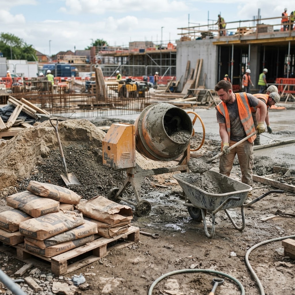 Betonkeverés az építkezésen: cement, homok, kavics és betonkeverő gép