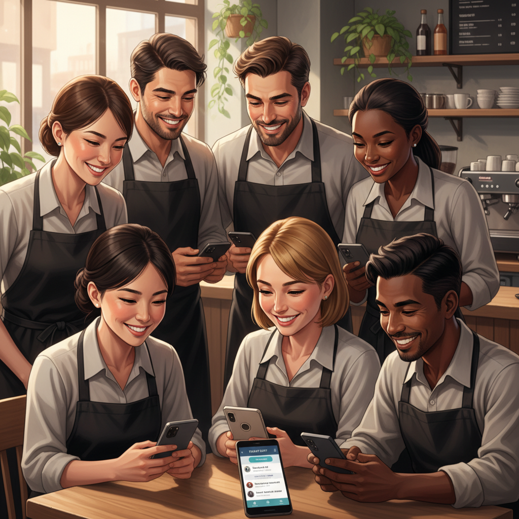 多言語スタッフチームがスマホでコミュニケーション