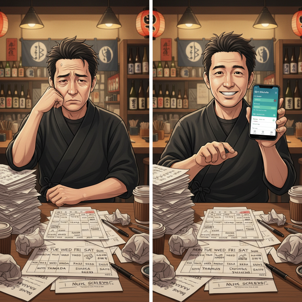 深夜にシフト作成で困る店長がスマホで解決して笑顔
