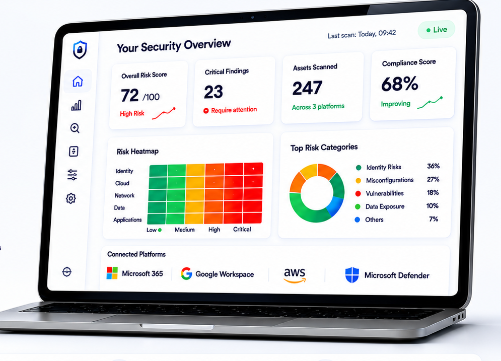 CyberEssentia security dashboard showing risk overview and compliance metrics