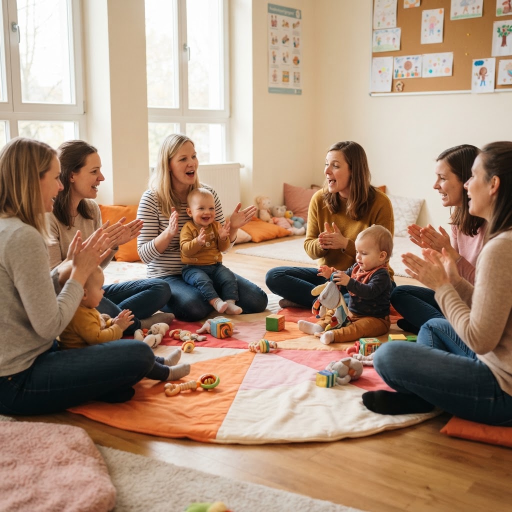 Krabbelgruppe mit Eltern und Babys