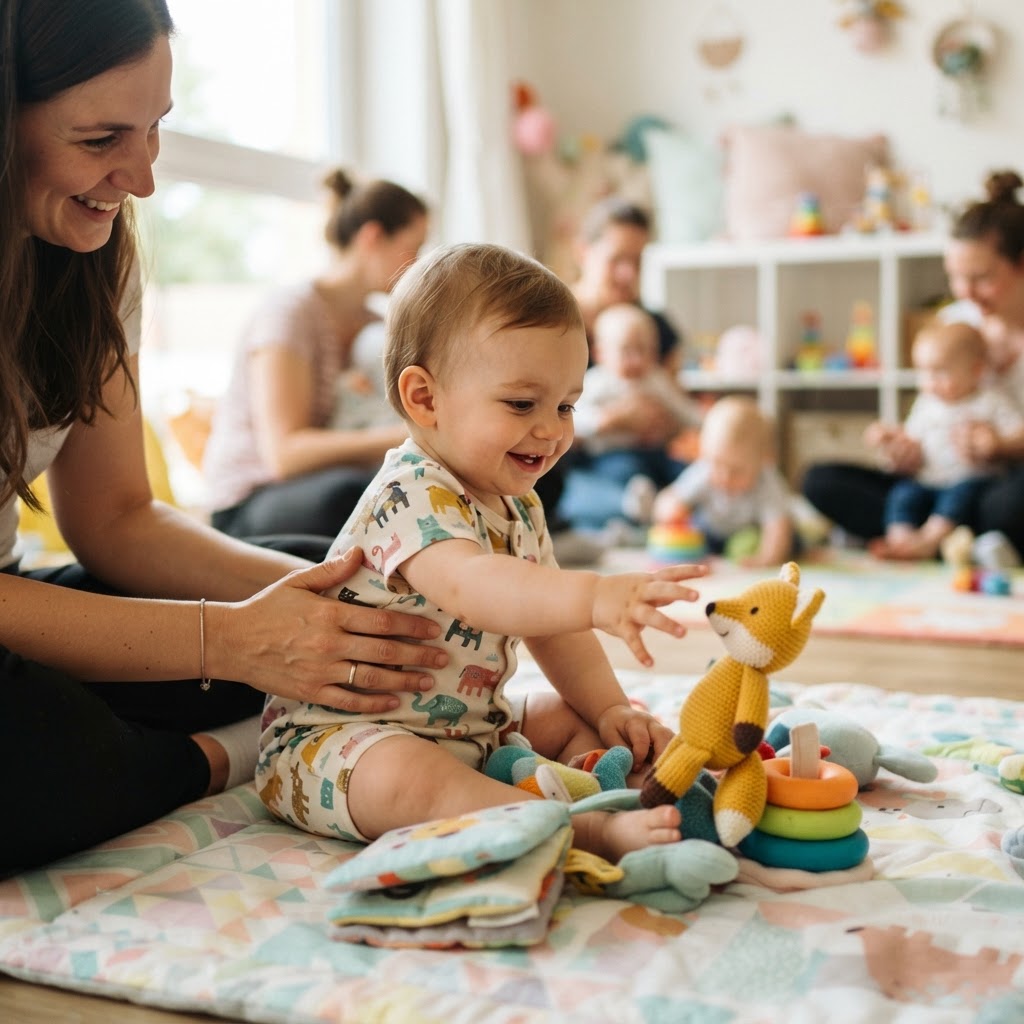 Baby beim Spielen in der Krabbelgruppe