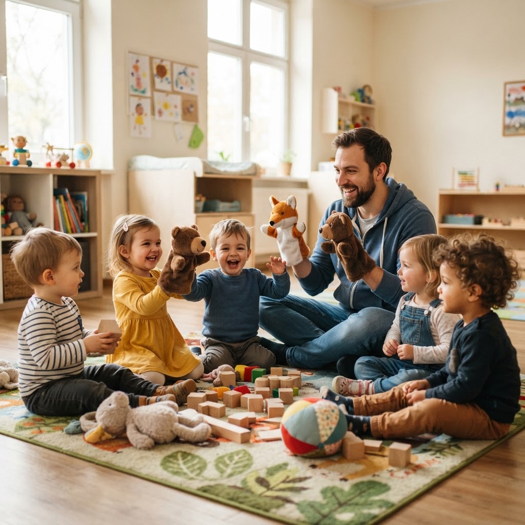 Krabbelgruppenleiter mit Kleinkindern