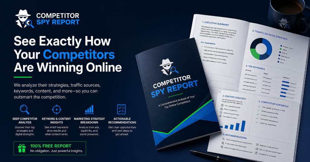 Competitor Spy Report — See exactly how your competitors are winning online. Deep competitor analysis, keyword and content insights, marketing strategy breakdown, and actionable recommendations. 100% free report.