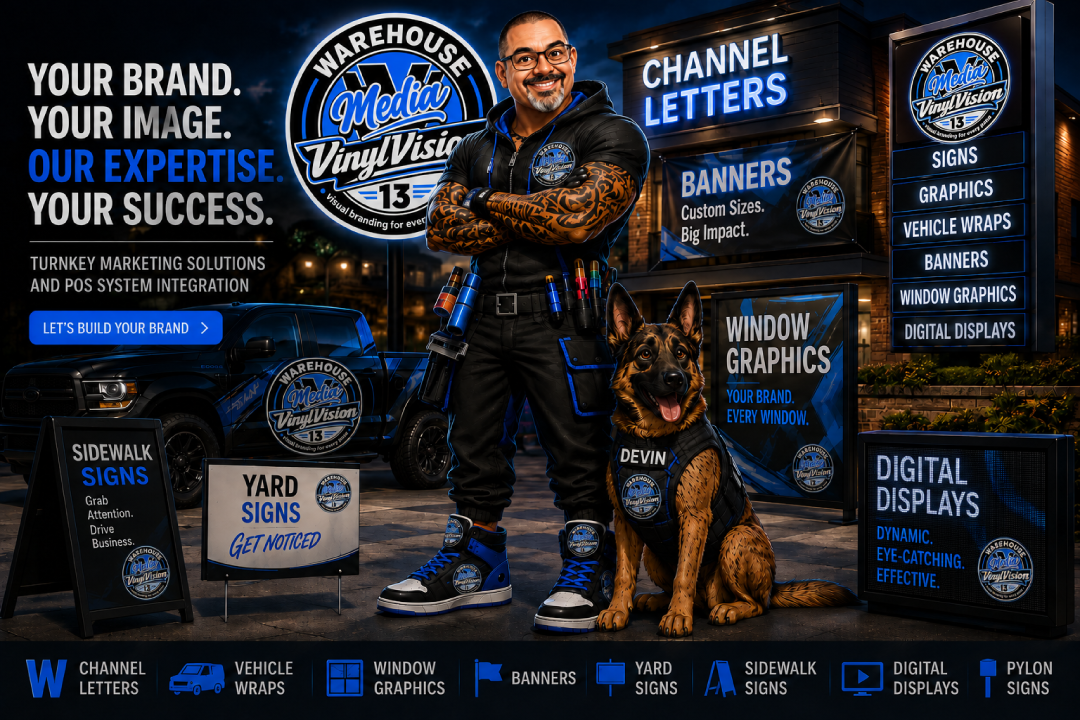 Warehouse 13 Print Co. — channel letters, banners, vehicle wraps, window graphics, yard signs, and digital displays