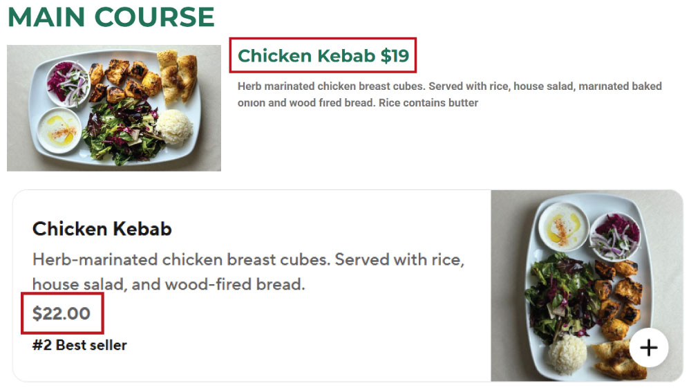 Istanbul Grill House & Cafe menu showing Chicken Kebab at $19 next to their DoorDash listing at $22