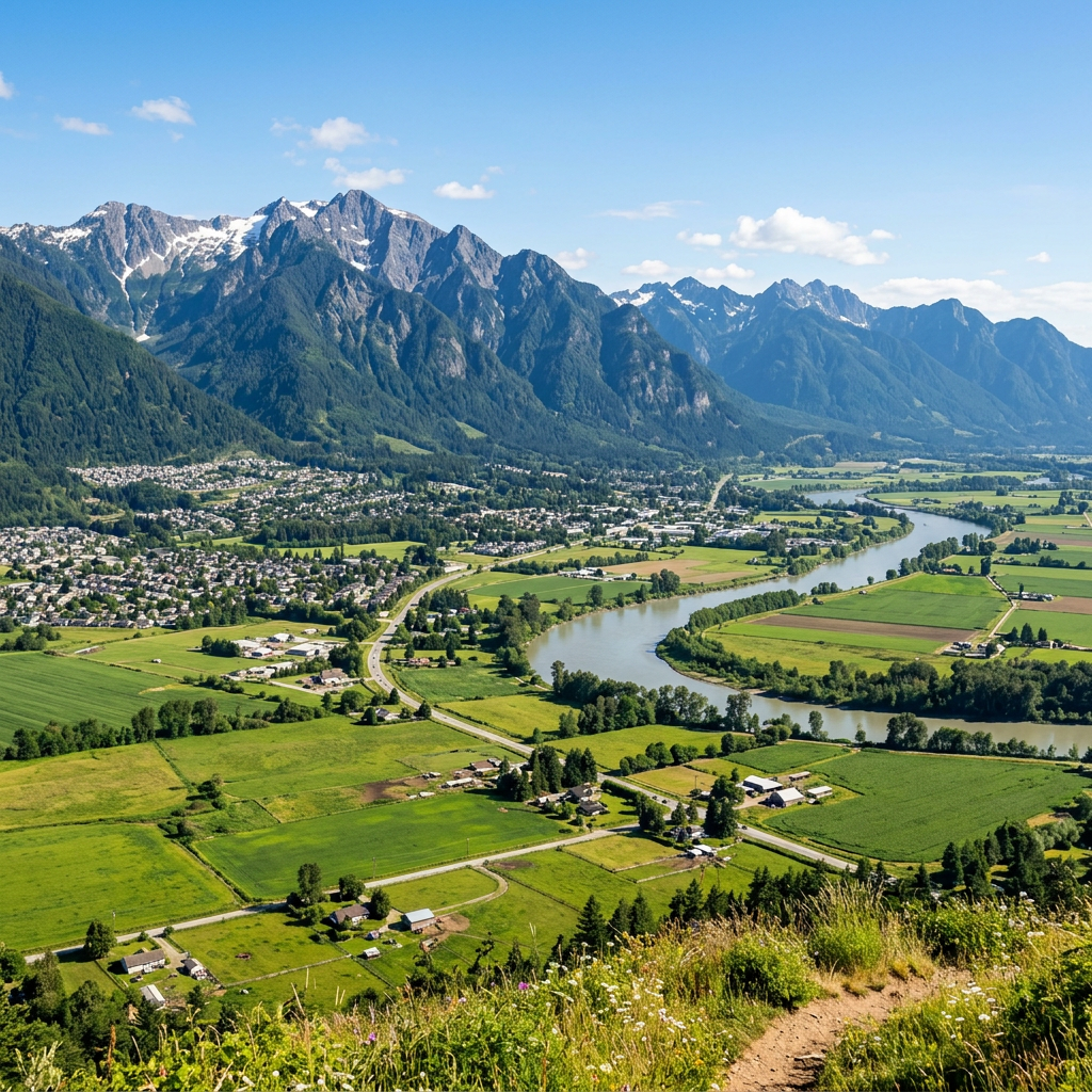 seo-chilliwack-fraser-valley-cascade-mountains-local-seo.webp SEO Chilliwack Fraser Valley farmland with the Cascade Mountains and Chilliwack's urban core visible — representing the eastern Fraser Valley's unique blend of agricultural roots and fast-growing suburban economy where structured local SEO builds lasting business visibility
