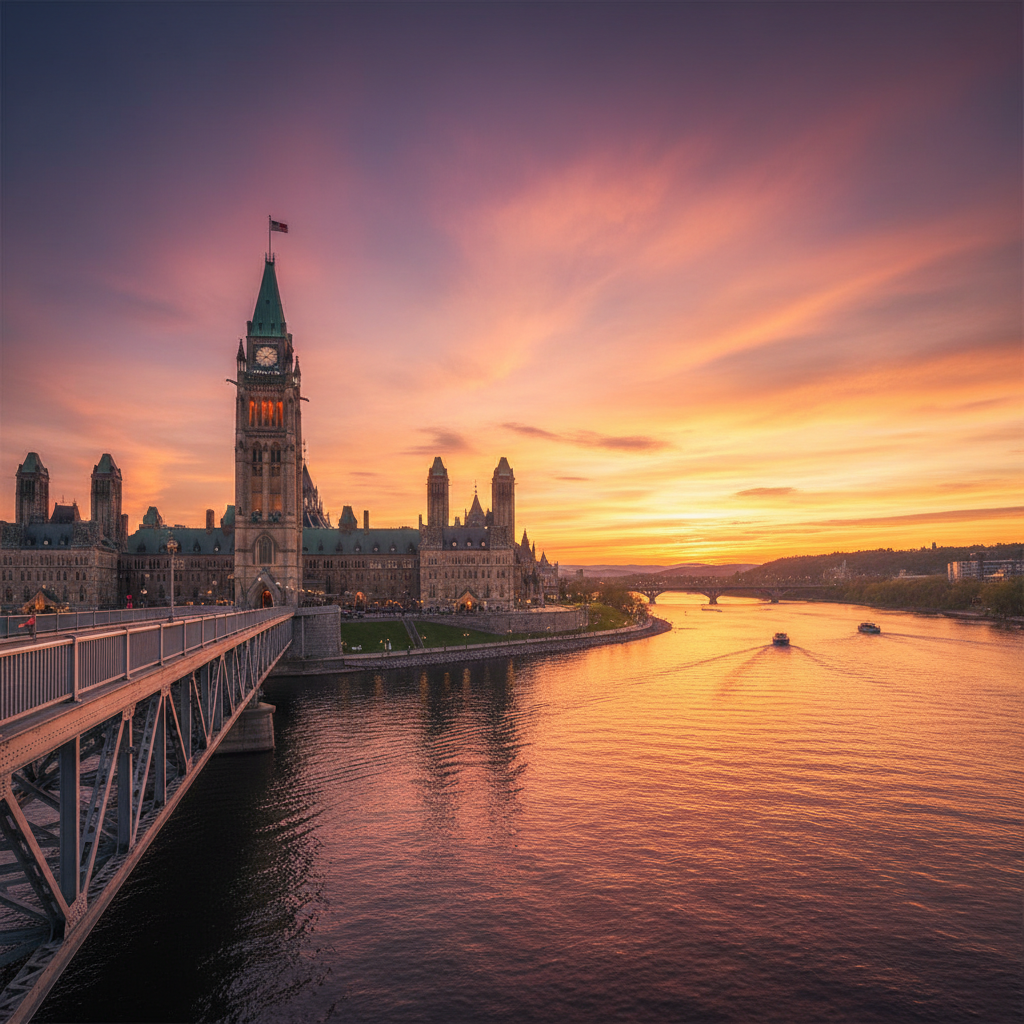 SEO Ottawa Parliament Hill at golden hour seen from the Alexandra Bridge — representing Canada's capital city where government institutions and bilingual professional services compete in a structurally complex digital market