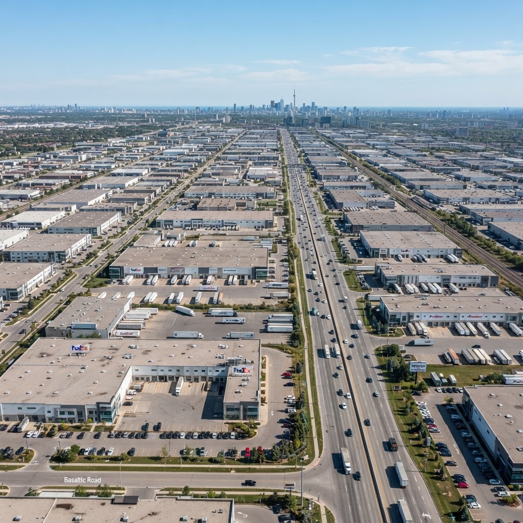 Concord industrial corridor in Vaughan Ontario with warehouses and logistics operations along Highway 400 — representing the corridor-driven commercial economy where Maps visibility and local search authority drive qualified enquiries