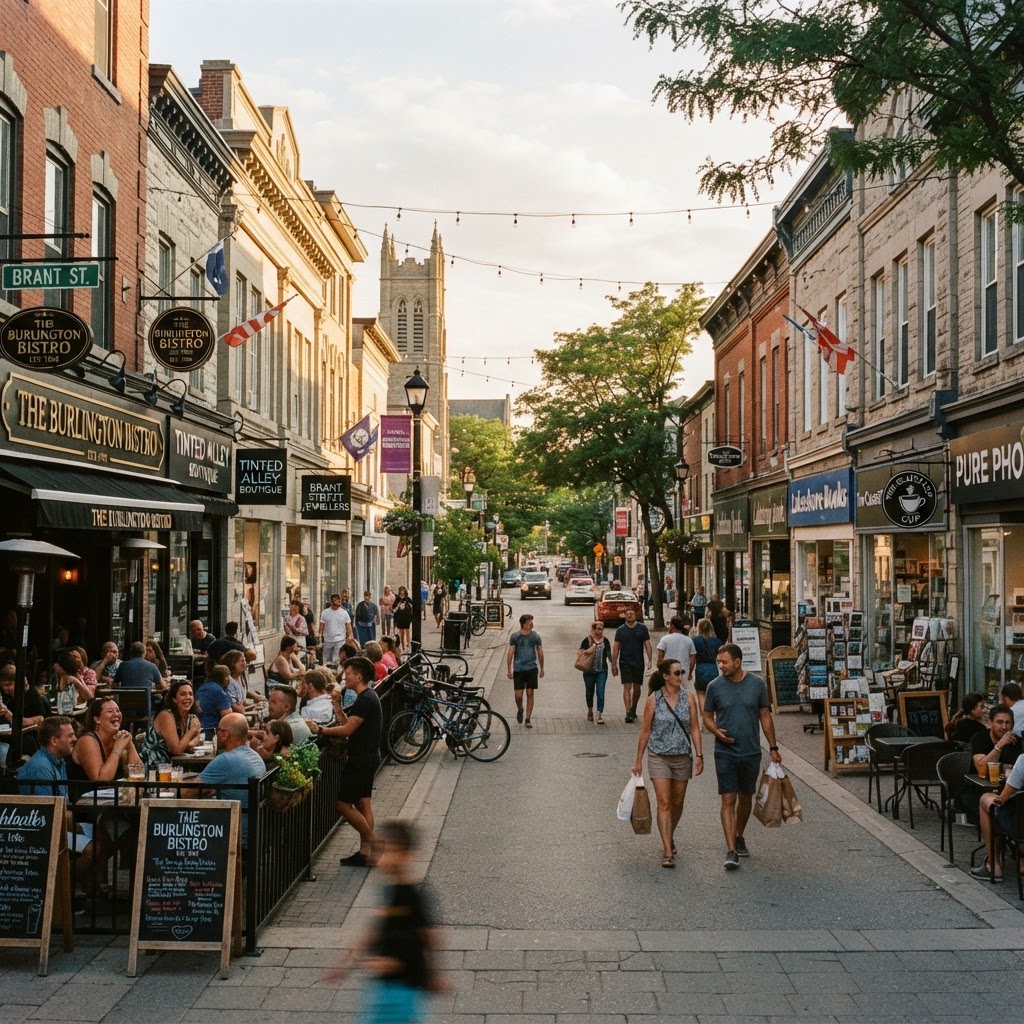 Downtown Burlington Ontario along Brant Street with boutique shops, restaurant patios, and a walkable commercial main street — representing the Halton Region market that values substance and credibility when evaluating local businesses
