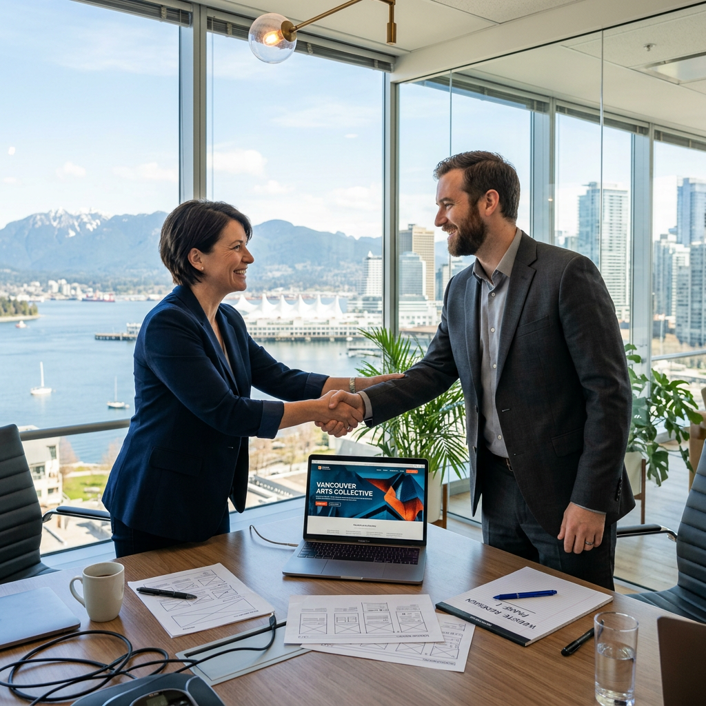 Vancouver web design consultation — business owner meeting with Burden Marketing strategist to discuss website redesign and digital growth