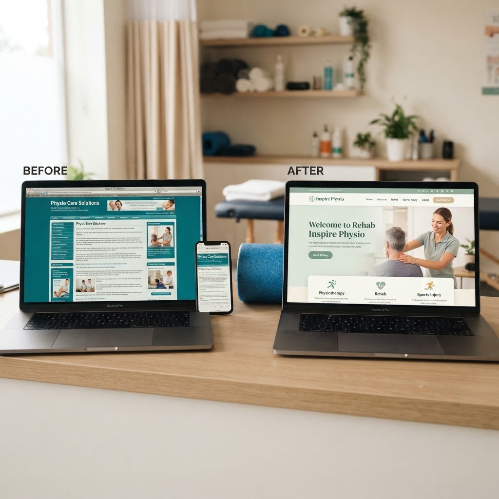 Before and after example of a professionally designed physiotherapy clinic website in Coquitlam
