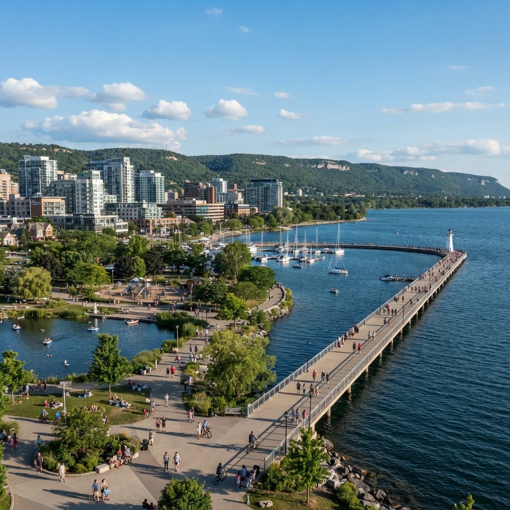 Burlington Ontario waterfront along Lake Ontario with Spencer Smith Park and the pier extending into the lake, Niagara Escarpment in the background — representing a thriving Halton Region business community where lakeside quality of life meets commercial growth