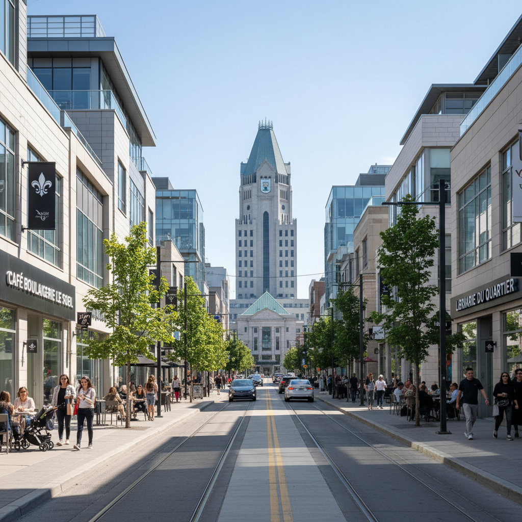Digital marketing services for Laval businesses — modern commercial boulevard with French-Canadian storefronts