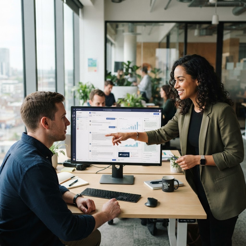 Two marketing professionals in a bright modern office reviewing an AI chat interface on a large monitor, one pointing at the screen — AI visibility strategy and GEO and AEO campaign work for Canadian businesses