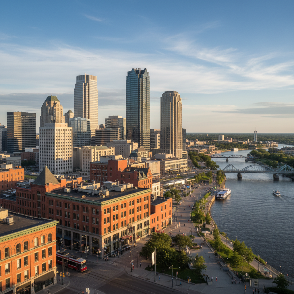 SEO Winnipeg The Forks National Historic Site at dusk with the Red River walkways and downtown skyline — representing the dual seasonal economy and diverse commercial market where structured local SEO earns consistent business visibility