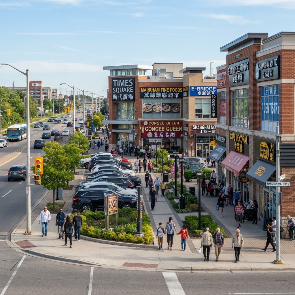 Markham Ontario Highway 7 commercial corridor with bilingual English and Chinese signage on retail storefronts — representing the culturally diverse business community where search behaviour spans languages and cultural contexts