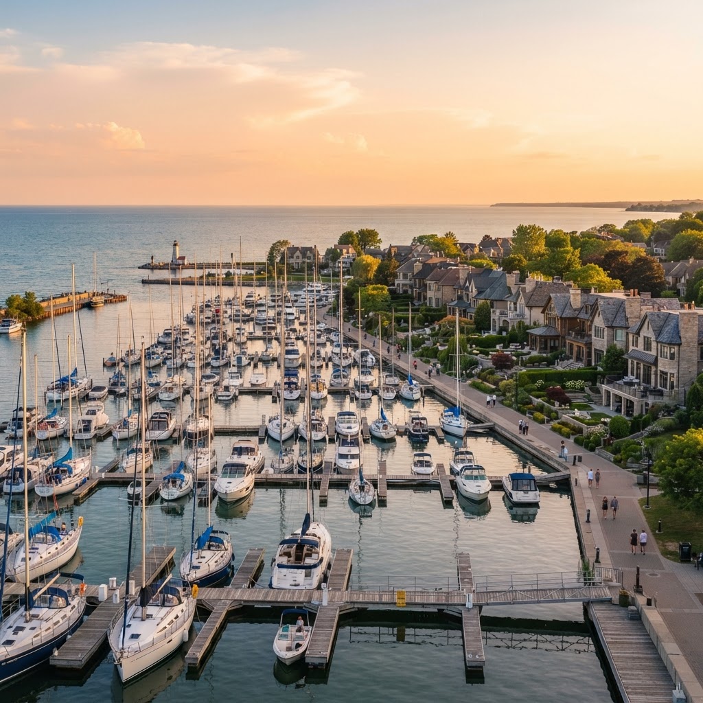 Bronte Harbour marina in Oakville Ontario with sailboats docked along Lake Ontario — representing the lakeside lifestyle and premium market expectations where buyers research businesses across Google, Maps, and AI platforms before making contact