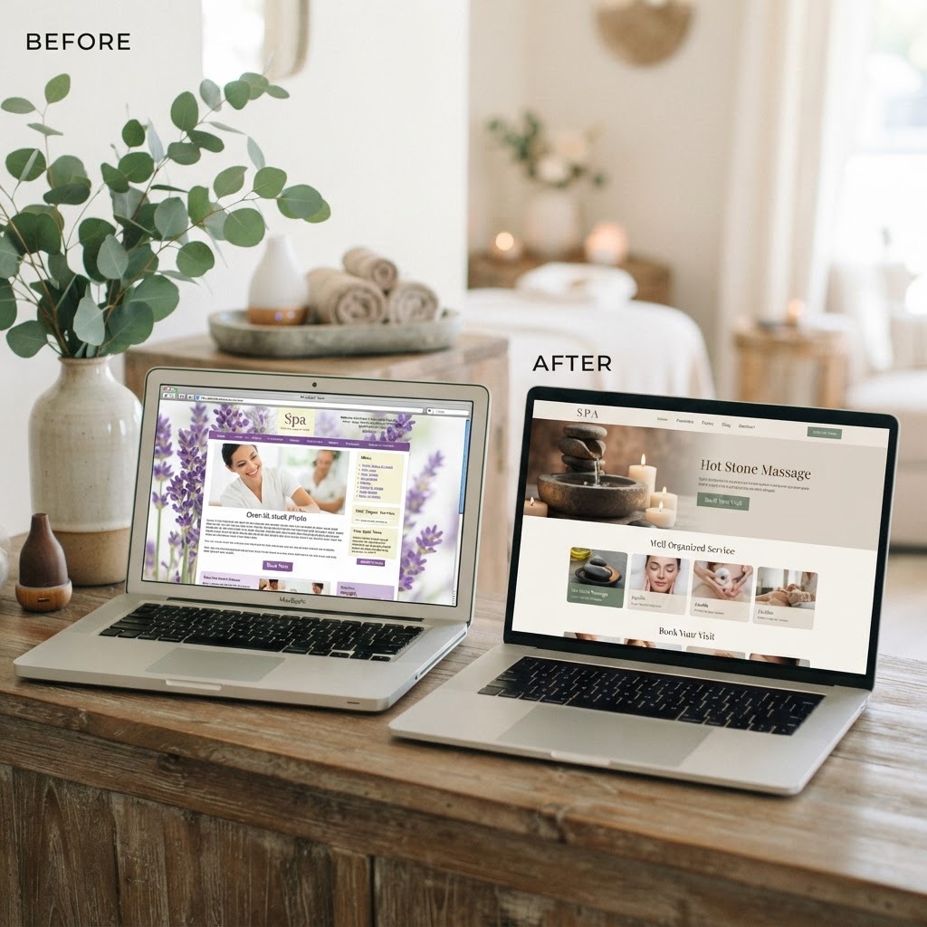 Before and after example of a professionally designed wellness studio website in North Vancouver
