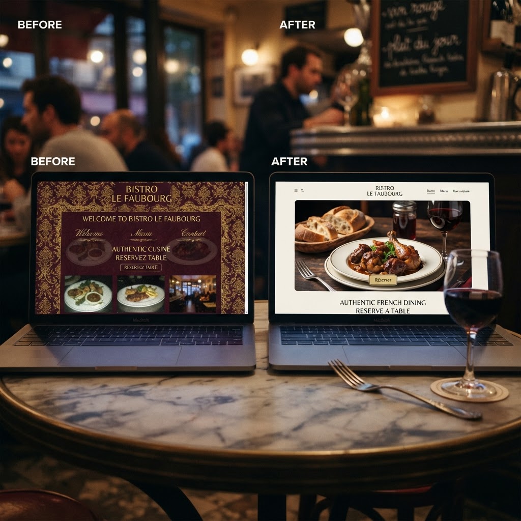 Before and after example of a professionally designed restaurant website in Montreal