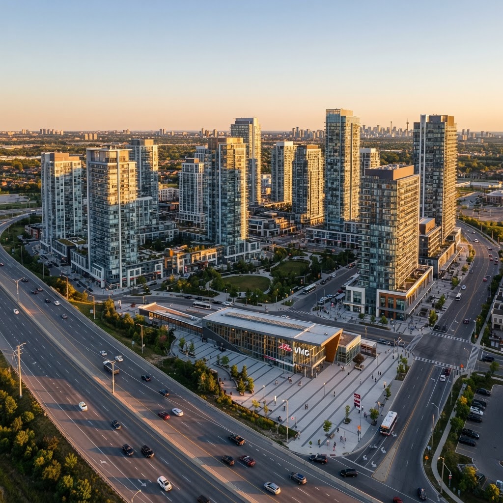 Vaughan Metropolitan Centre at golden hour with high-rise residential towers, the subway station, and Highway 7 — illustrating the rapid transit-oriented growth creating corridor-driven search demand across Woodbridge, Concord, and Maple