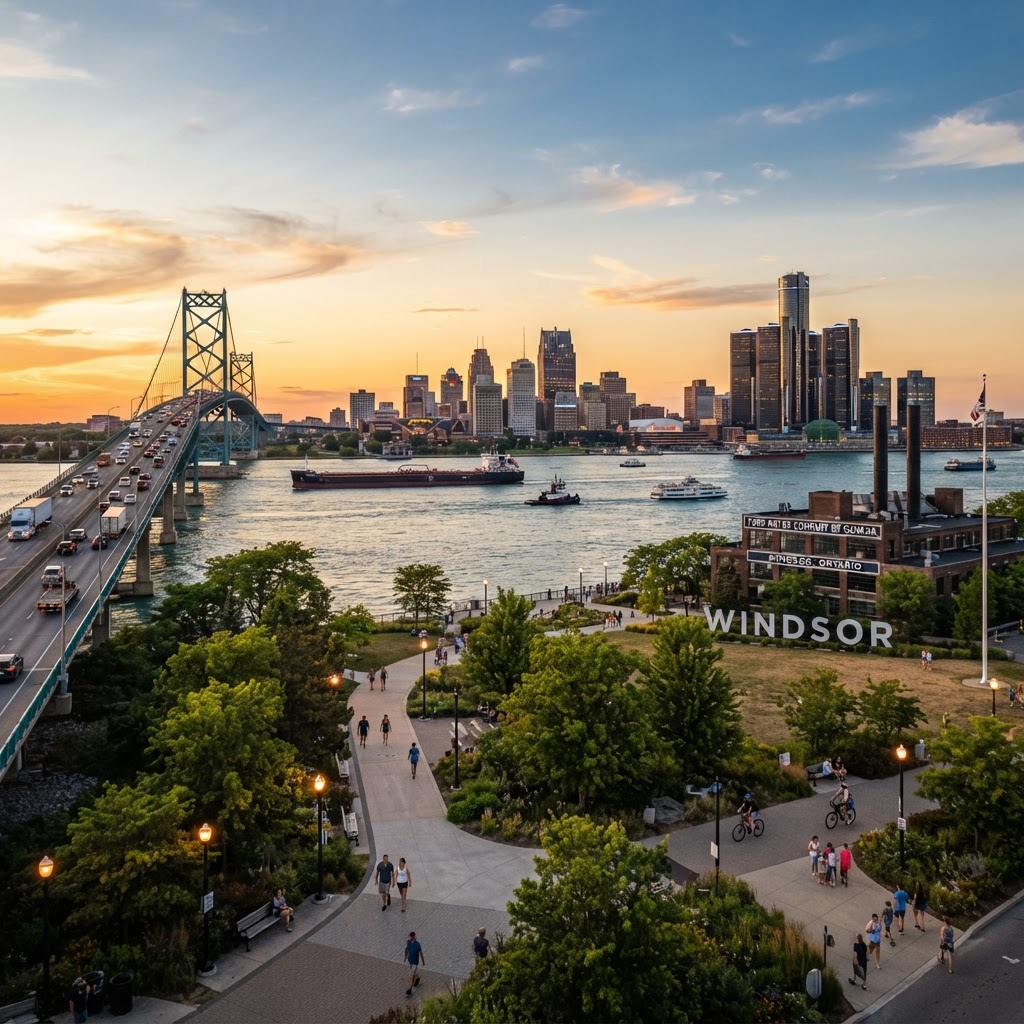 Windsor Ontario waterfront with the Detroit skyline visible across the Detroit River and the Ambassador Bridge in the distance — representing a border city where cross-border commercial energy and automotive heritage create a uniquely shaped local search landscape