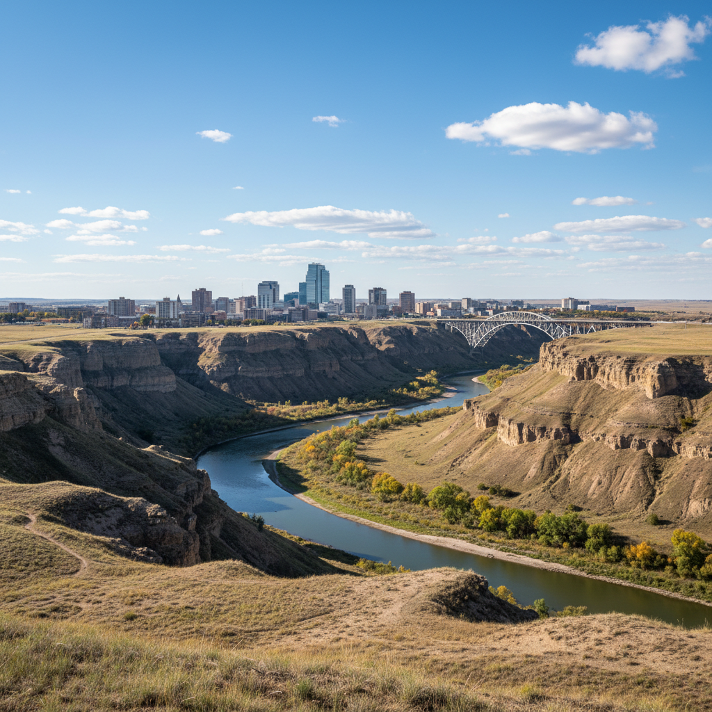 SEO Lethbridge Oldman River valley and the High Level Bridge with the city skyline — representing Southern Alberta's commercial hub where agriculture, healthcare, and post-secondary education drive distinct local search demand
