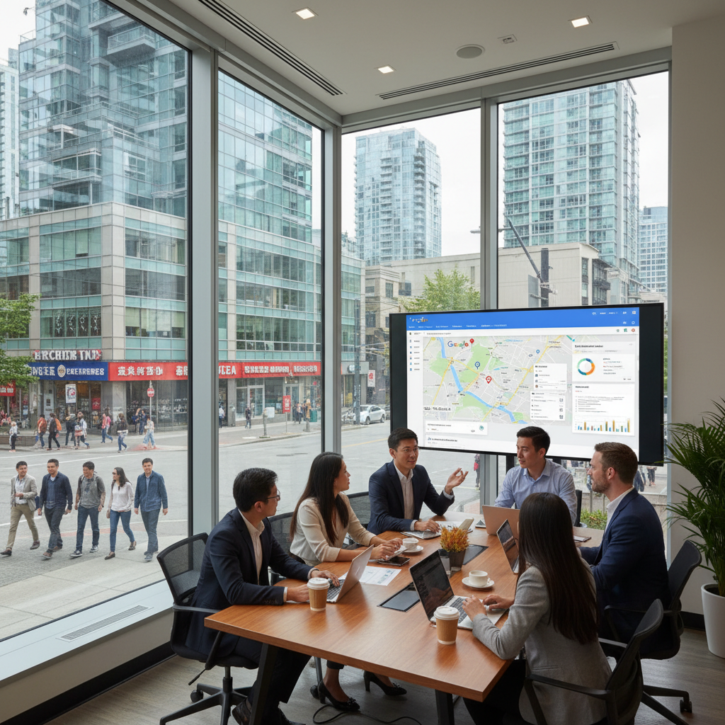 richmond-bc-multicultural-digital-marketing-google-maps-seo-strategy.webp Diverse Richmond BC team collaborating on multilingual digital marketing strategy, Google Maps and search analytics displays, multicultural business environment