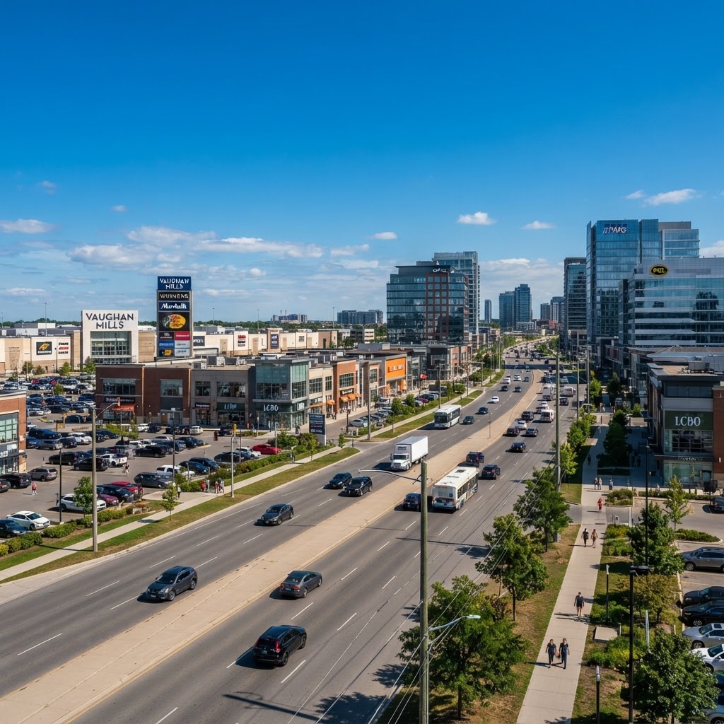 Vaughan Ontario commercial corridor along Highway 7 with modern retail and office buildings — representing one of Canada's fastest-growing cities where corridor-driven local search demand rewards businesses with structured Google and Maps visibility