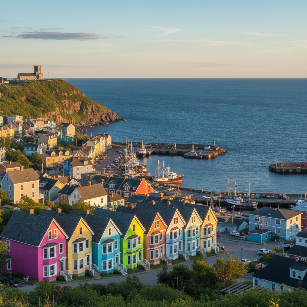 SEO St. John's NL Jellybean Row colourful rowhouses and Signal Hill above the harbour — representing Newfoundland's commercial hub where trust-driven local search authority earns business visibility across the Avalon Peninsula