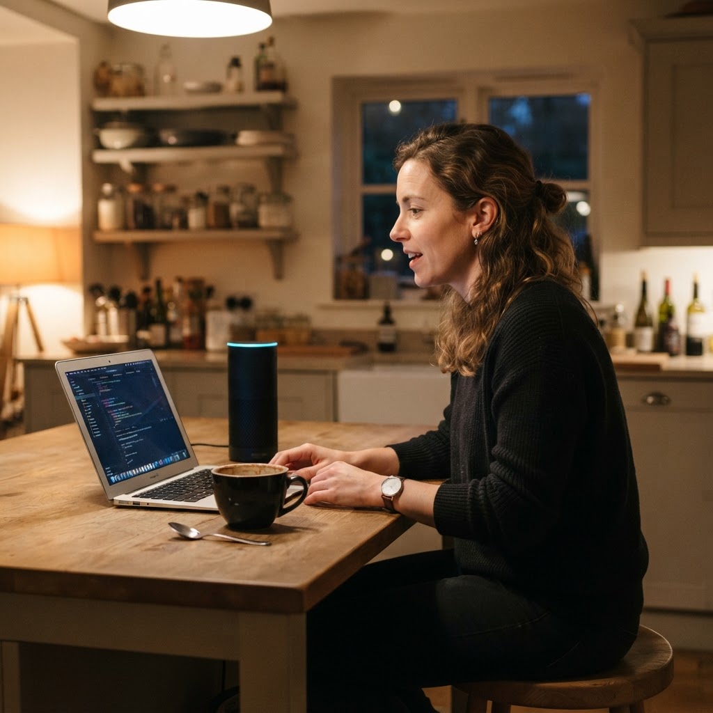 Person at a home kitchen island in the evening asking an AI voice assistant a question, laptop open beside a coffee mug — the conversational search moment GEO and AEO services are built to win