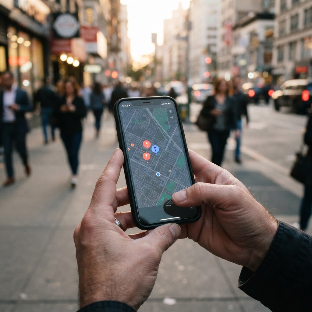 Close-up of hands holding a smartphone displaying a maps application with three location pins highlighted on a busy city street — the Map Pack view that decides which local businesses customers call