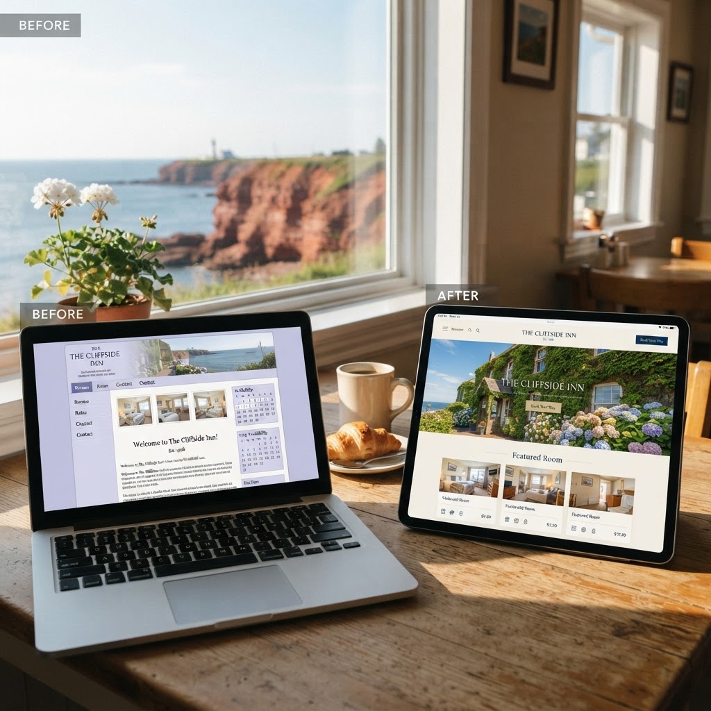 Before and after example of a professionally designed inn website in Charlottetown