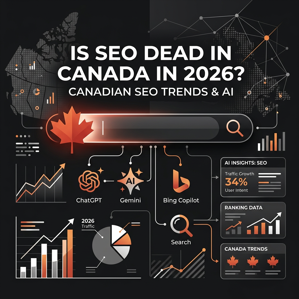 Editorial hero graphic with Canadian maple leaf woven into a modern search interface, symbolizing AI-era SEO in Canada in 2026
