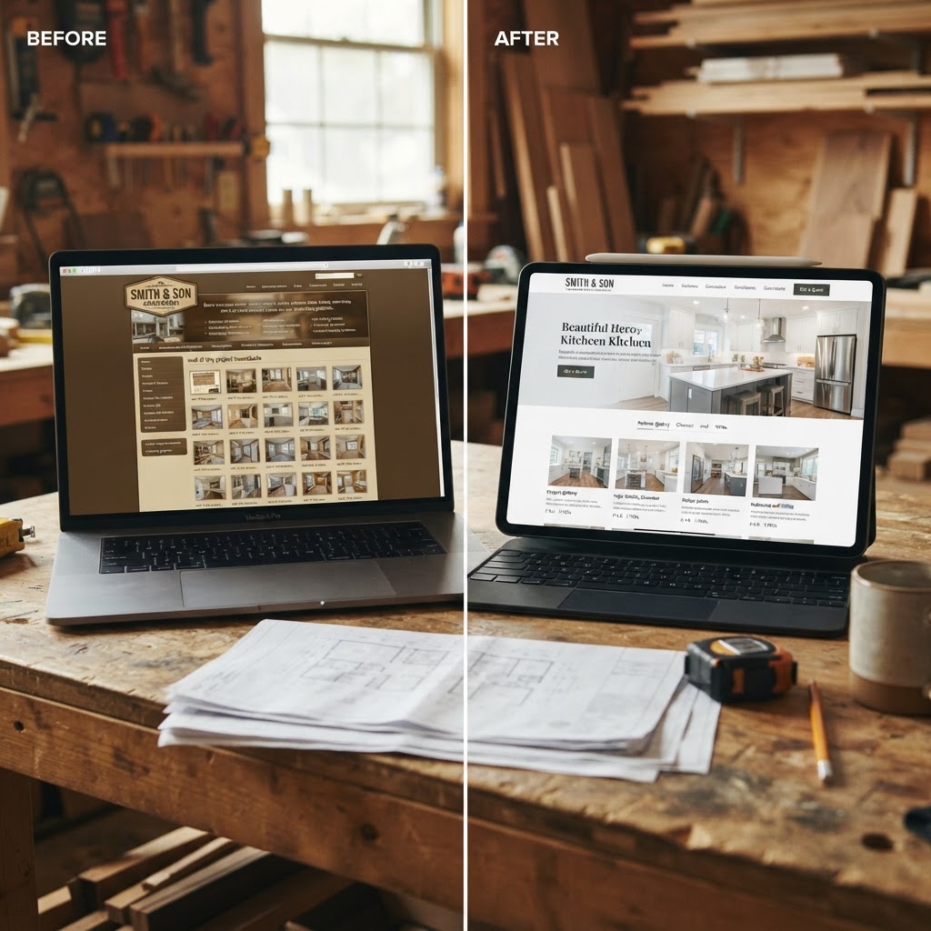 langley-web-design-before-after.webp Before and after example of a professionally designed renovation contractor website in Langley